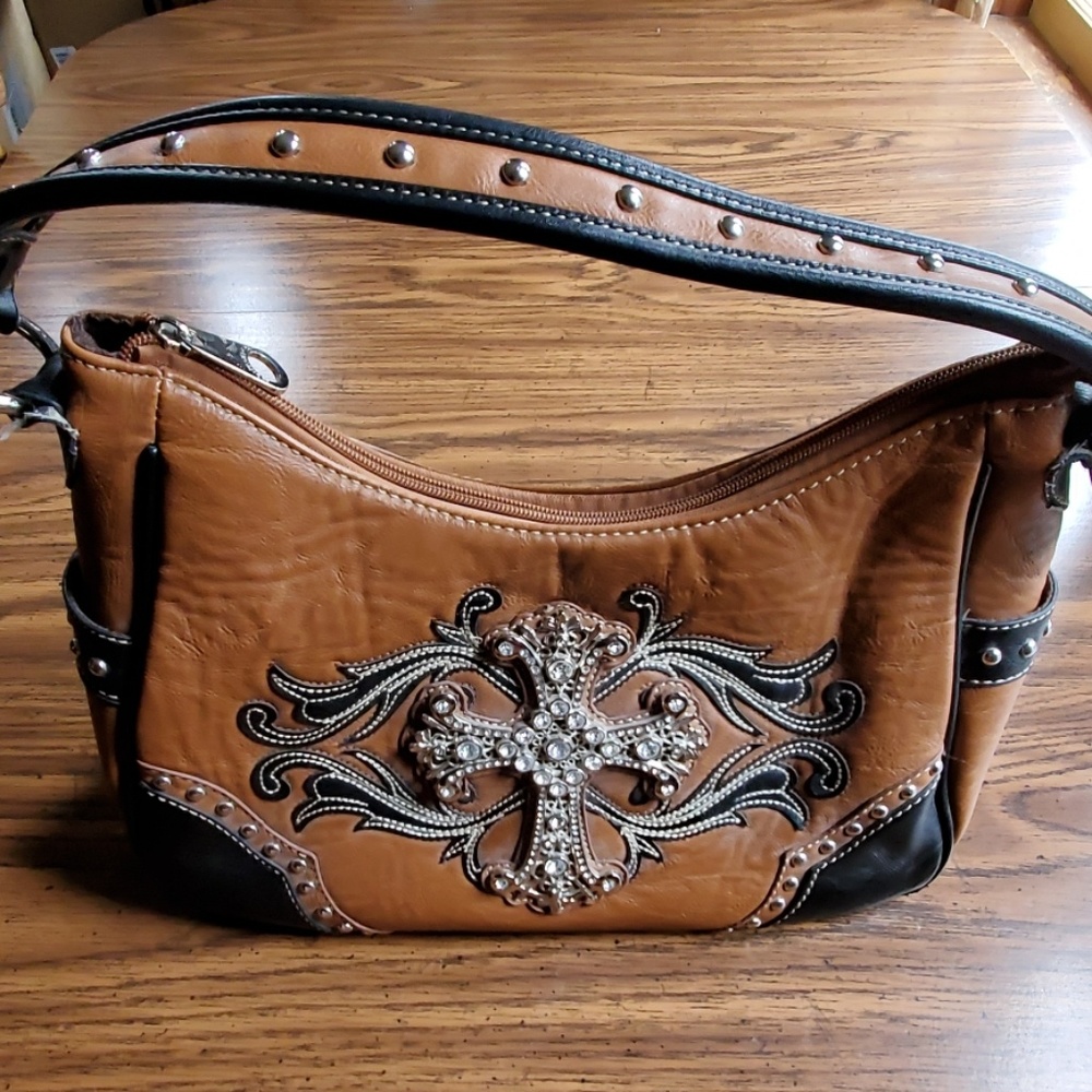 Montana West "Spiritual Collection" Carry Hobo Bag - Rhinestone Cross & Studded